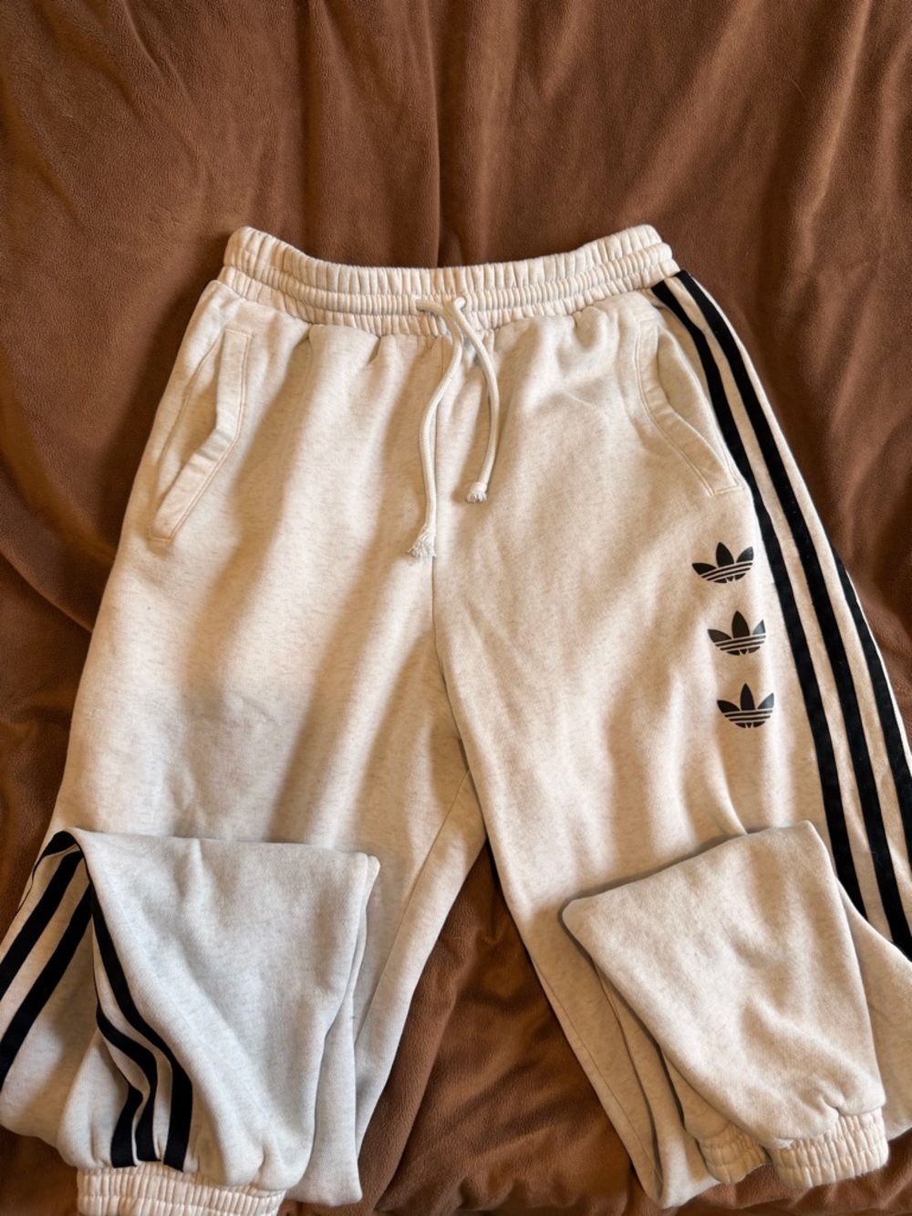 Adidas Cream Jogger Pants with Black Three-Stripe